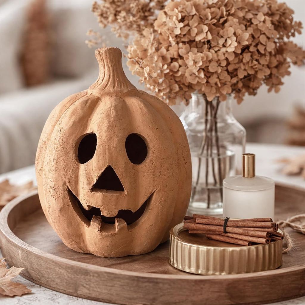Fall Decor - Handmade Terracotta Pumpkin Jack O' Lantern Outdoor Indoor