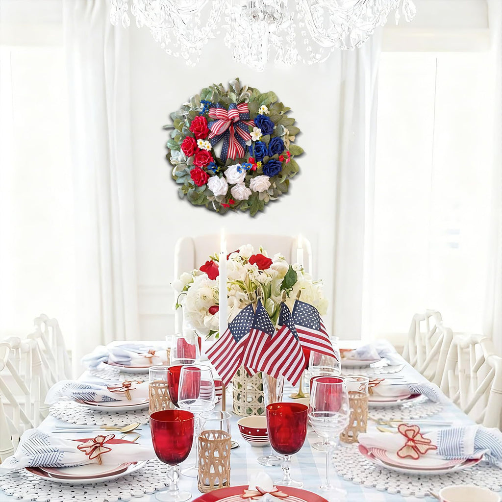 24 Inch Patriotic Wreath, Rose 4th of July Wreaths for Front Door
