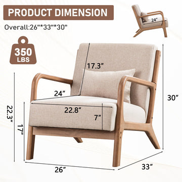 Mid Century Modern Accent Chairs Set of 2, Single Fabric Lounge Reading Armchair with Solid Wood Frame, Easy Assembly