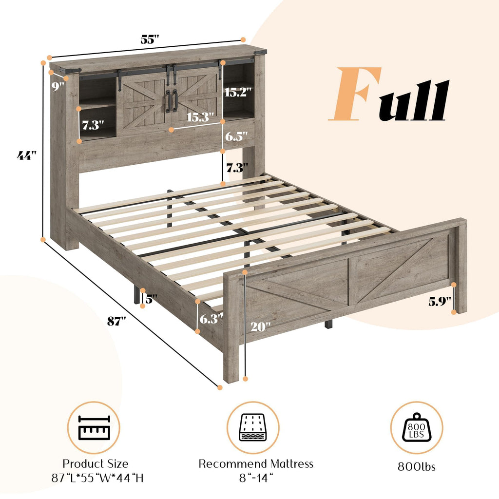 Farmhouse Slat Bed Frame with Storage Headboard