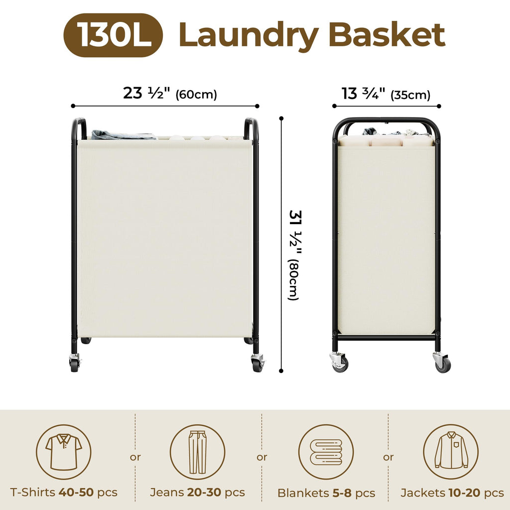 2 Section Laundry Sorter, 130L Large Hamper Basket with Wheels