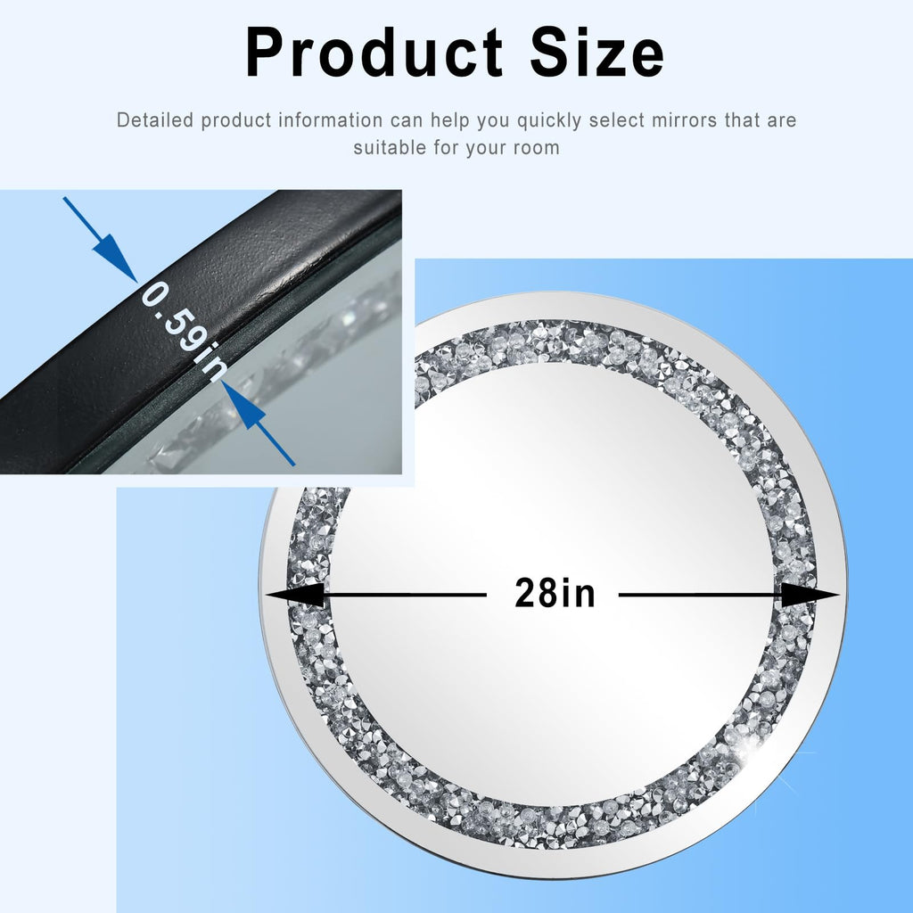 28x28in Crystal Crushed Diamond Decor Mirror, Round Wall Mirror, Silver Mirror, Home Decoration Hanging Mirror