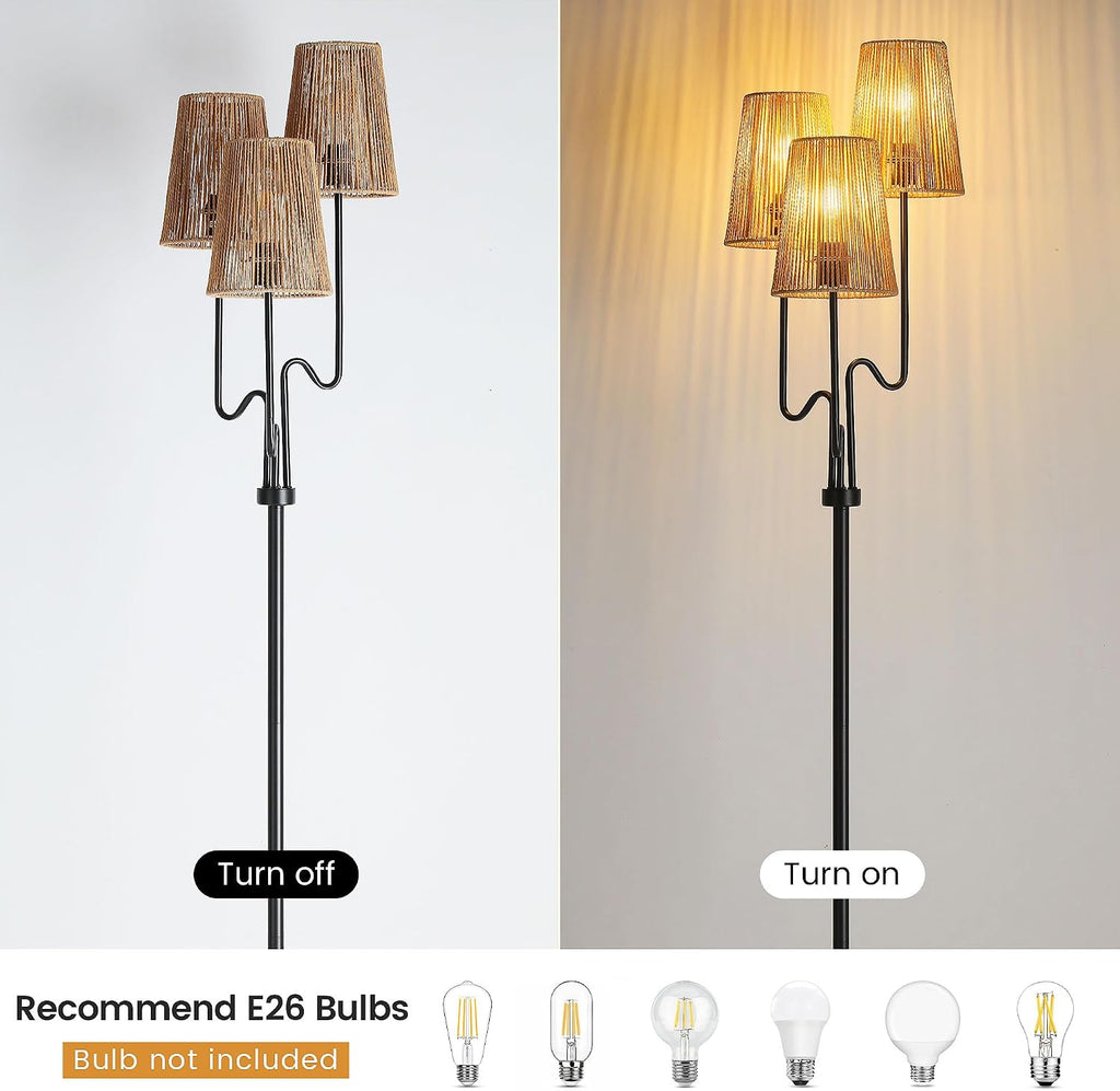 Boho Floor Lamp, 68in. Rattan Floor Lamps with Rattan Shade,3 Light Tree Standing Lamp,E26 Socket, Living Room Floor