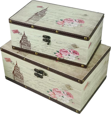 Wooden Storage Box, Vintage Decorative Treasure Chests, Large and Small Keepsake Memory Boxes for Jewelry - Set of 2