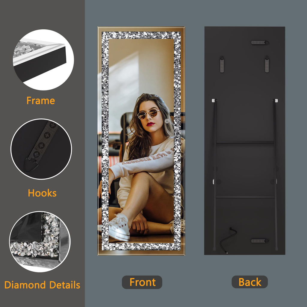 65"×22" LED Full-Length Mirror Crystal Crush Diamond, Wall Mounted Diamond Mirror Leaning Bedroom Dimming & 3 Color
