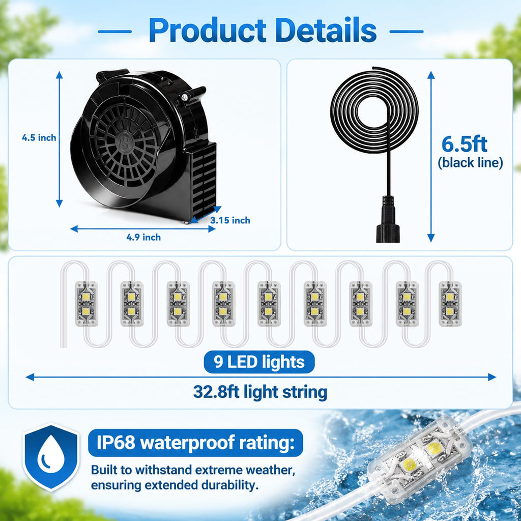 Inflatable fan replacement 12V 1.5A, 9 LED Lights, 2.0A Adapter