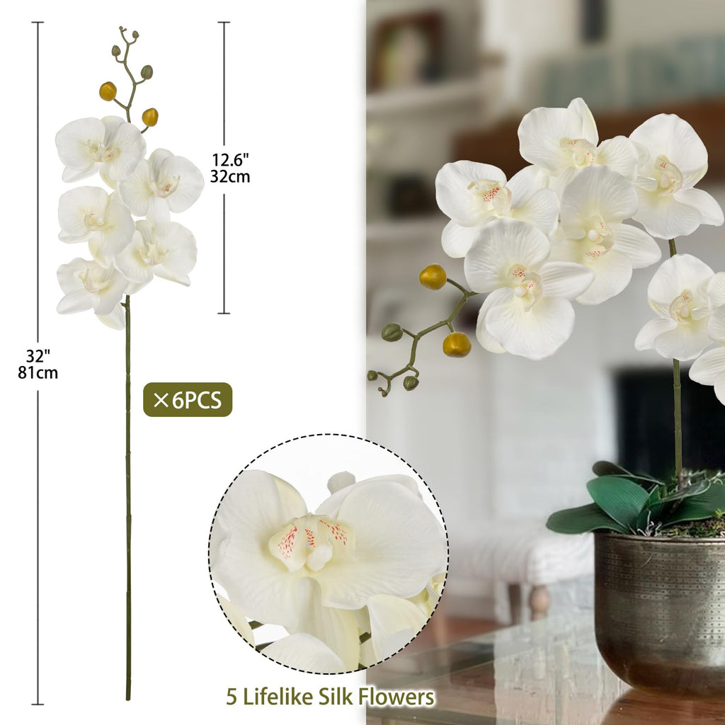 6PCS 32" Artificial Orchid Stems White Butterfly Orchid Faux Phalaenopsis Flowers Wedding Centerpieces Office Table