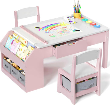 In-1 Kids Art Table and Chairs, Wood Toddler Table and Chair Set with Storage Drawers, Craft Play Desk for Kids