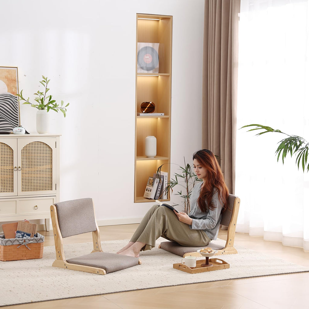 Foldable Floor Chair with Back Support, Wood Grey, No Assembly