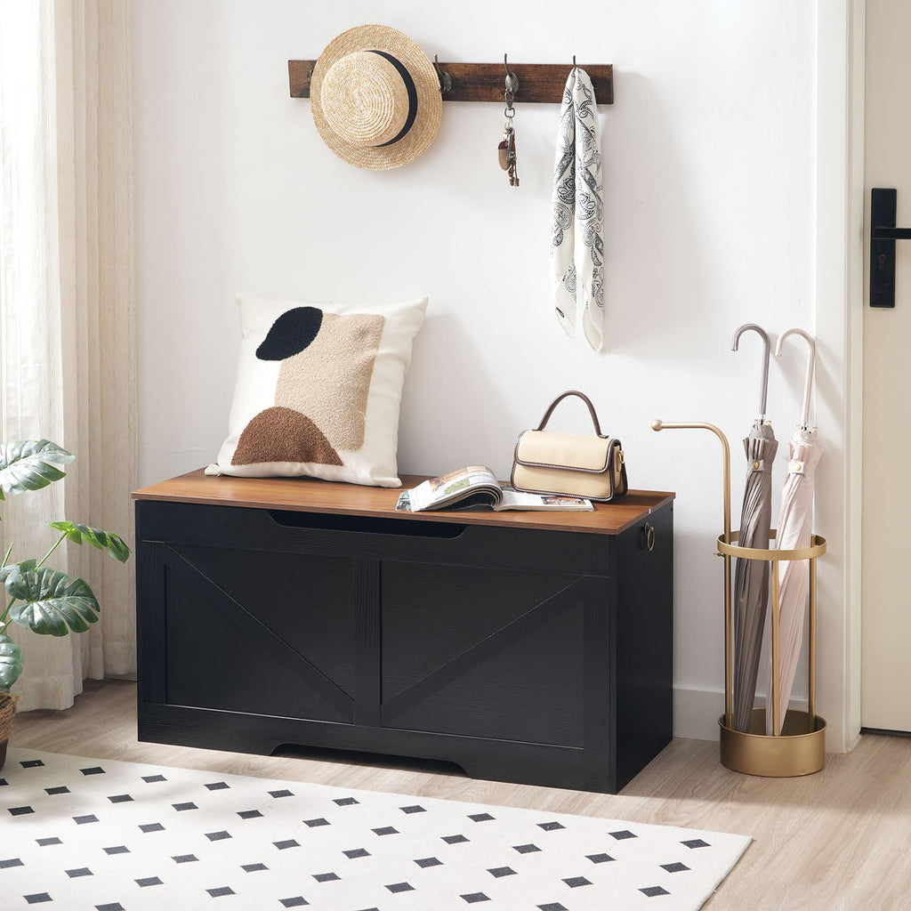 Storage Bench, 39.4" Retro Wooden Storage Chest with U-Shaped Cut-Out Pull, Safety Hinge, Supports 330 lb and Easy