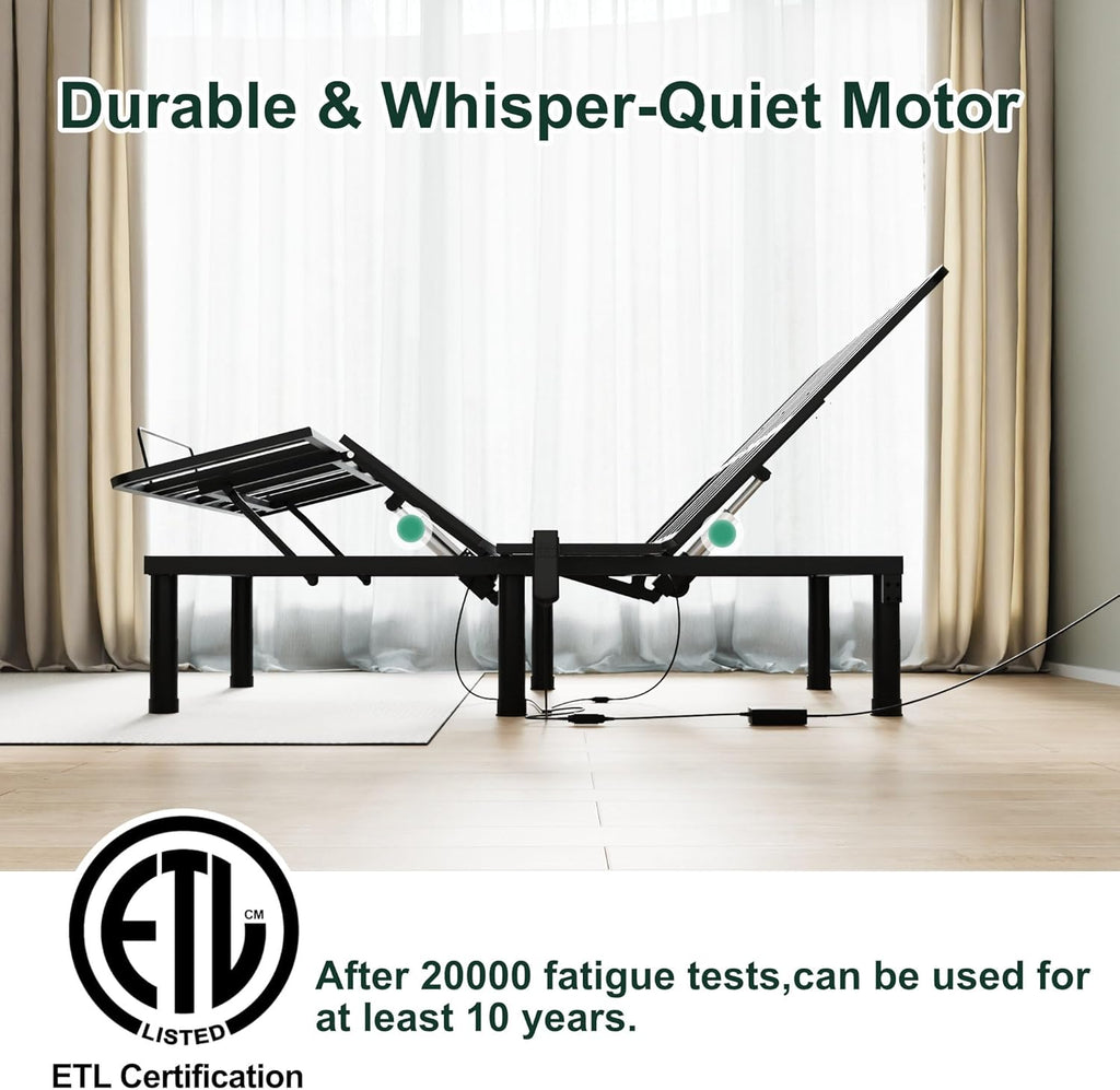 King Adjustable Bed Base, Wired Remote Control, Independent Head and Foot Incline, Electric Bed Frame Base