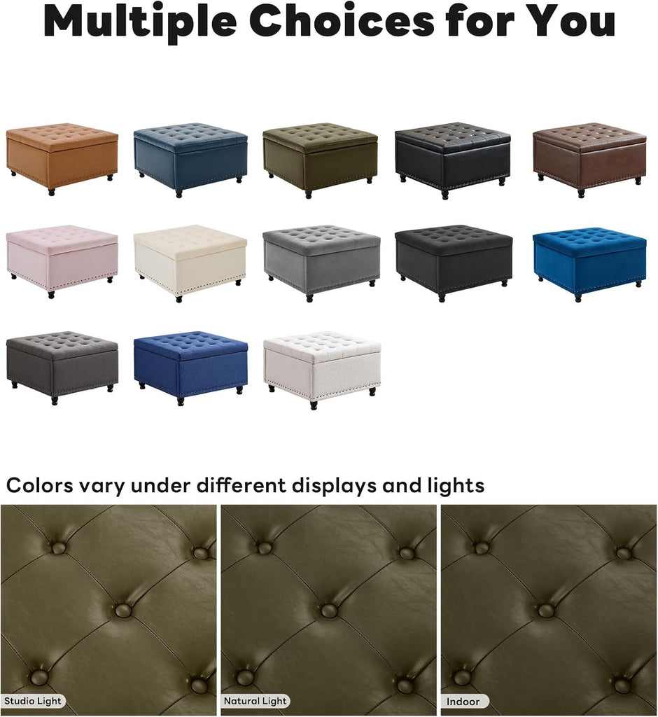 Large Square Storage Ottoman Bench, Tufted Upholstered Coffee Table with Storage, Oversized Storage Ottomans Toy Box