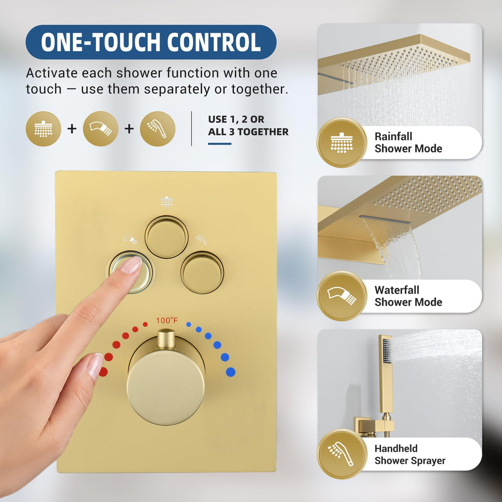 Thermostatic Shower System, Waterfall Shower Head(Brushed Gold)