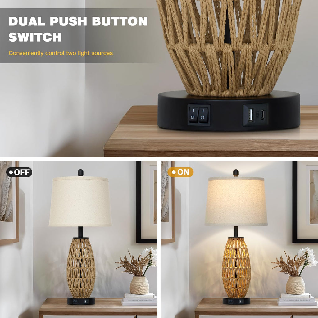27" Boho Rattan Table Lamp with Night Light, Wicker Bedside Lamp with USB A+C Charging Port, Woven Coastal Bedroom