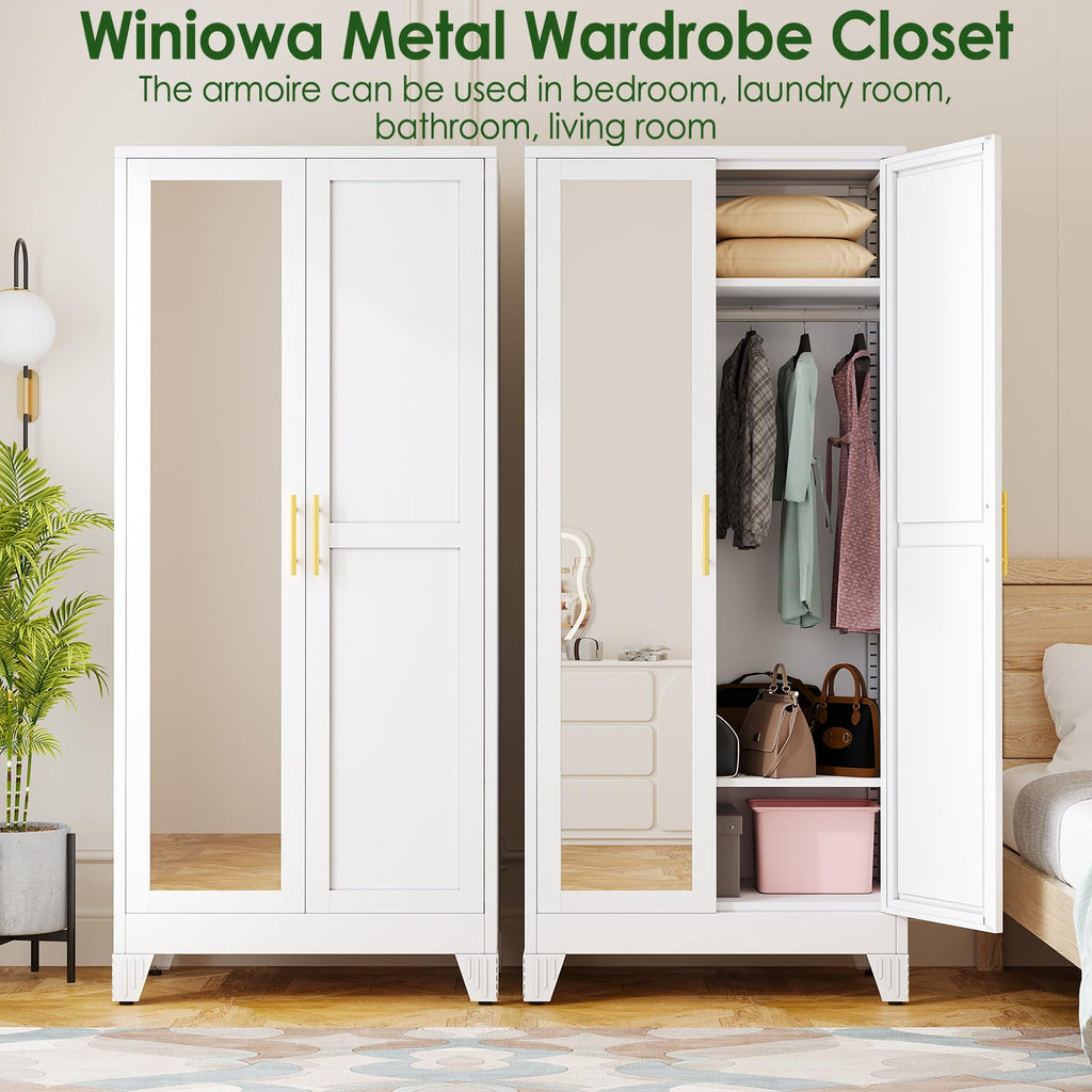Metal Armoire Wardrobe Closet, 71" Clothing Storage Cabinet with Mirror