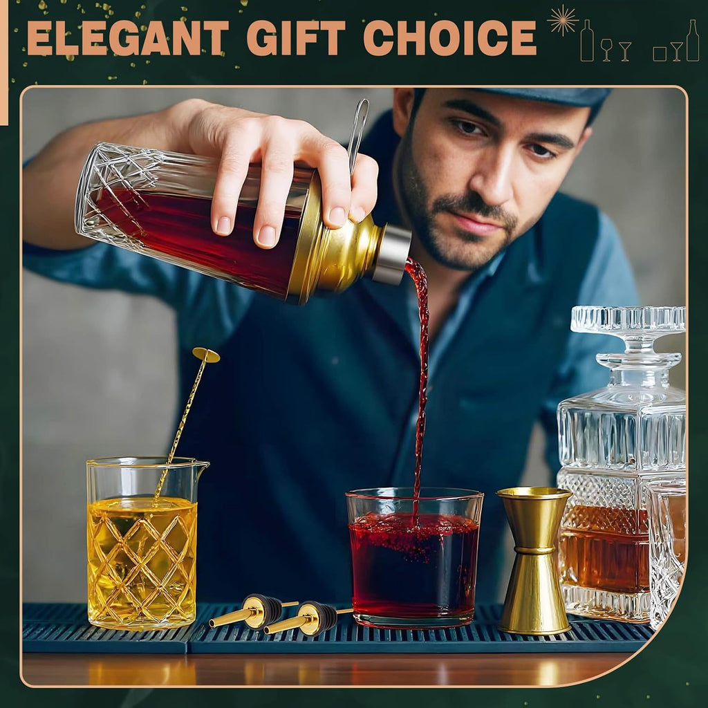 Gold Cocktail Shaker Set, 304 Stainless Steel 14oz Shaker & 24oz Mixing Glass, Jigger, Bar Spoon, Pour Spout - Set of 7