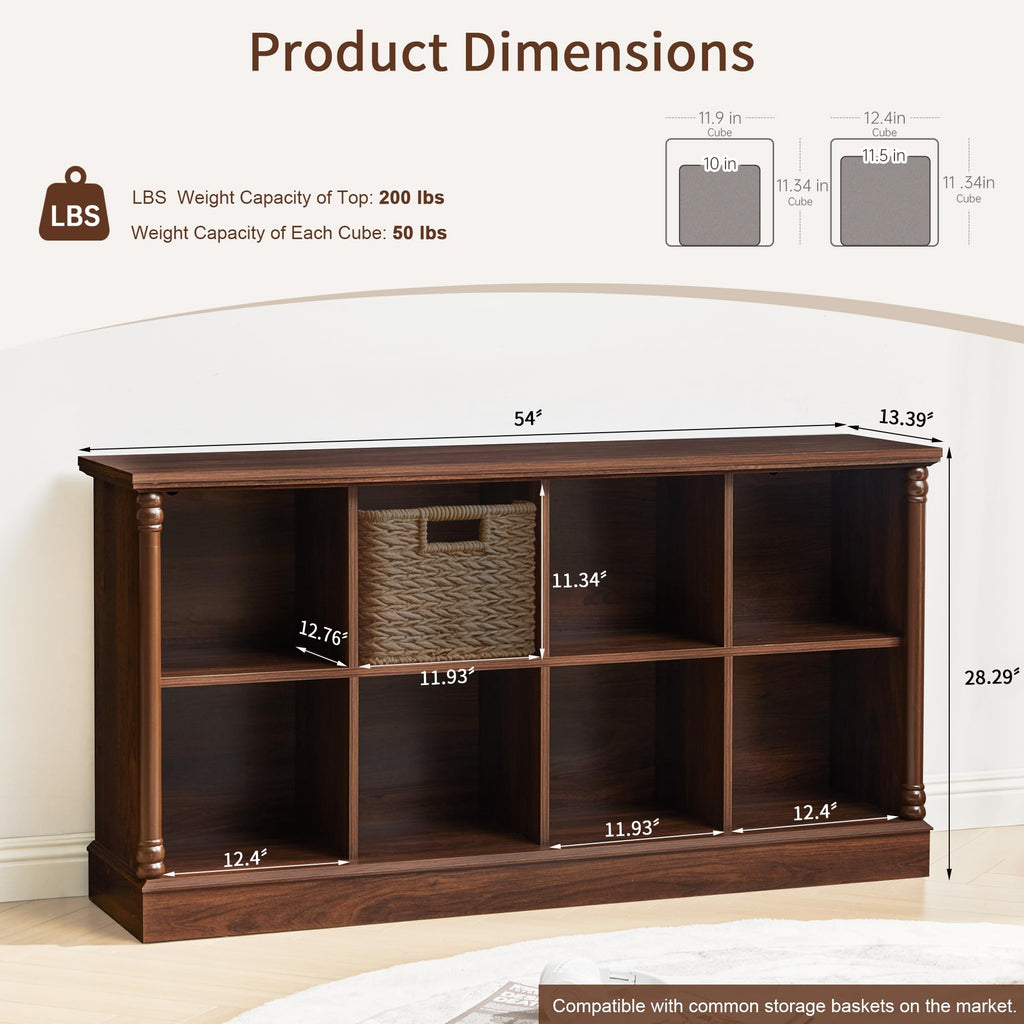 8 Cube Storage Organizer, 54 Inch Long Low Horizontal Bookcase Walnut