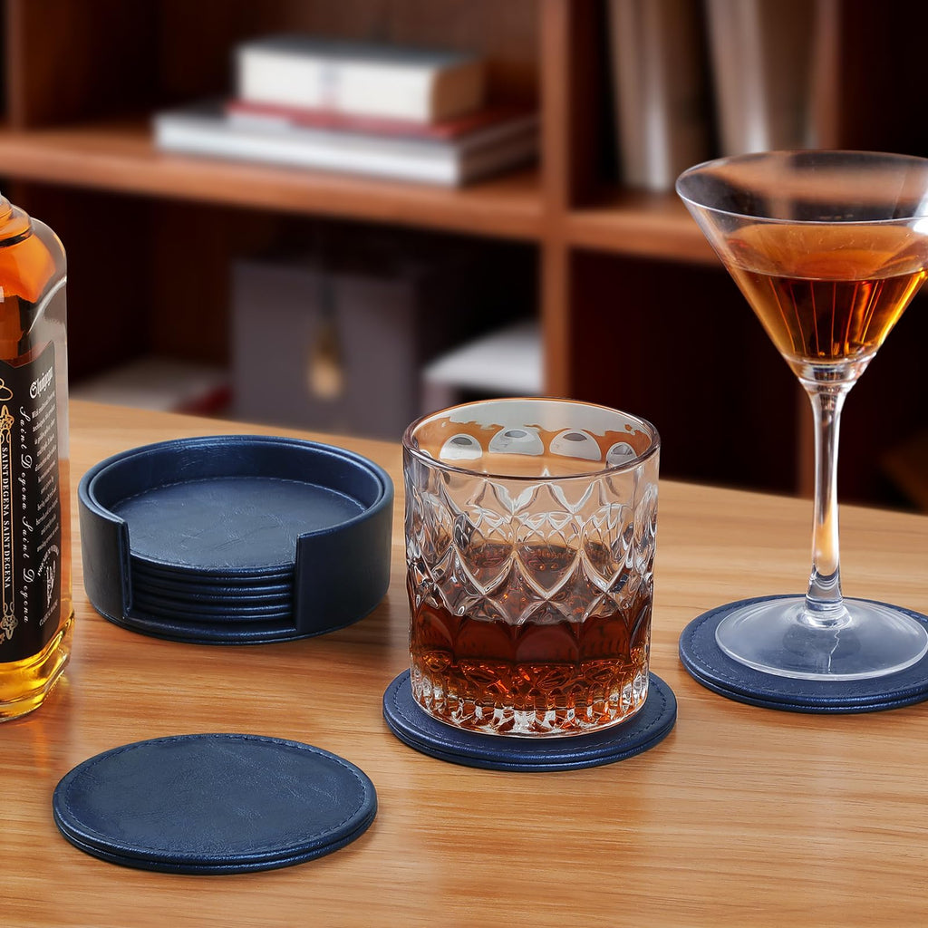 Leather Coasters Set of 6 with Holder, Tabletop Protection, Coffee Table & Bar Decoration, Modern-Style Drink