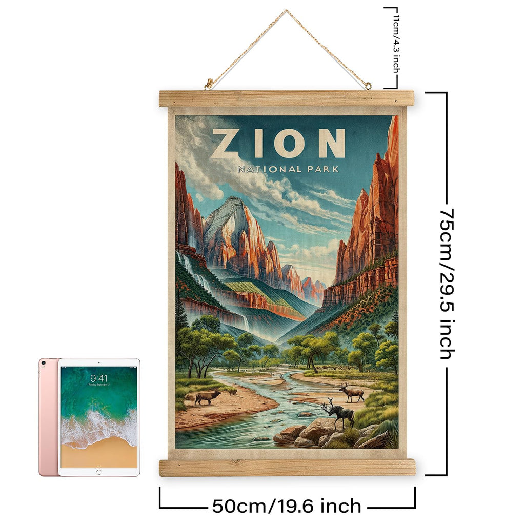 Zion National Park Wall Art, Vintage Utah Landscape Travel Poster