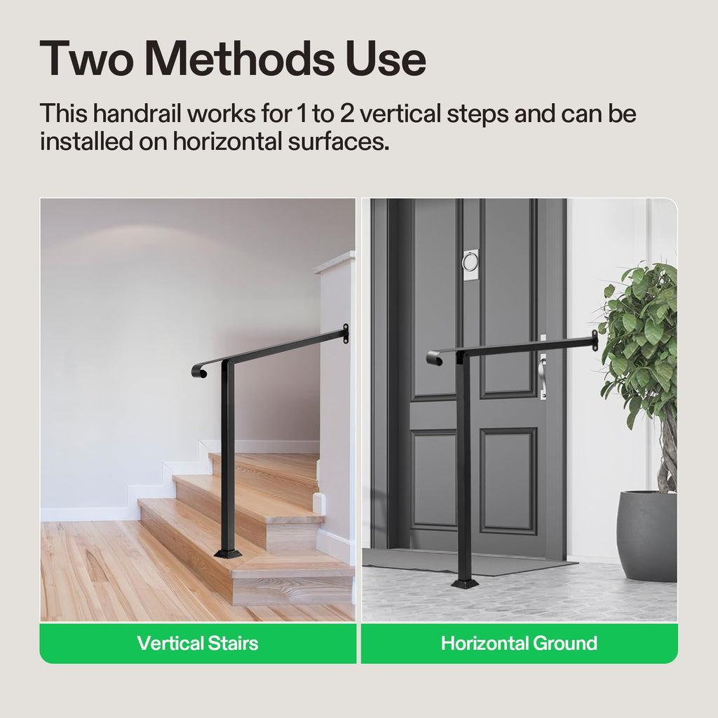2-Step Stair Handrail 32"x39" Wrought Iron with 1 Curved End Black