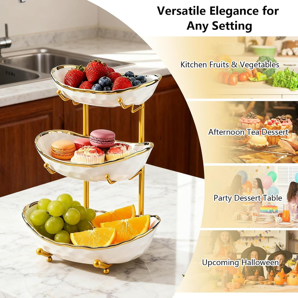3 Tier Fruit Bowl Ceramic Metal Stand Tiered Serving Tray White