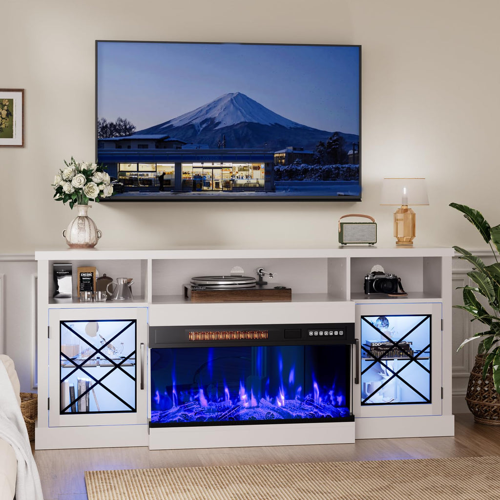 65" Fireplace TV Stand, 3 Sided Glass Fireplace Entertainment Center for TVs up to 75" with Storage Cabinet, Glass