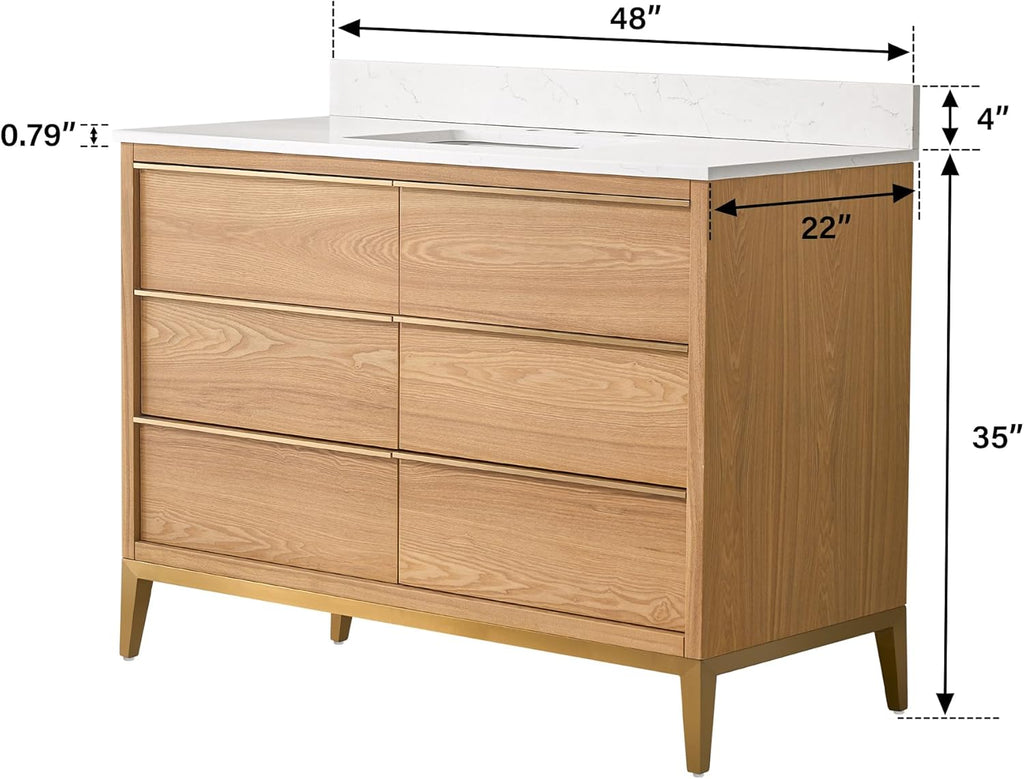 48" Bathroom Vanity with Sink, Freestanding Wooden Bathroom Makeup Cabinet W/ 6 Soft-Close Drawers and
