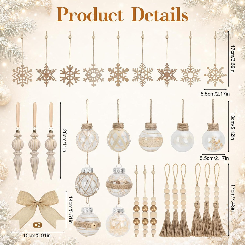 Boho Christmas Ornaments, Neutral Rustic Tree Decorations - Set of 39