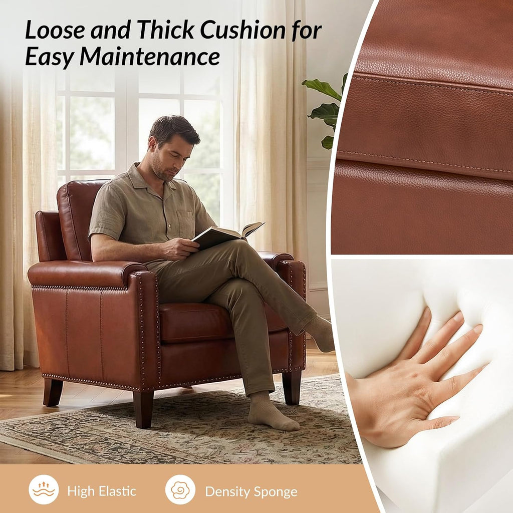Genuine Leather Accent Chair with Solid Wood Legs, Brown