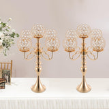 2 Pack Gold Candelabra Centerpiece 5 Arms with Crystal Pendant 21.5 Inch Tall Floor Crystal Chandelier Crystal Beaded