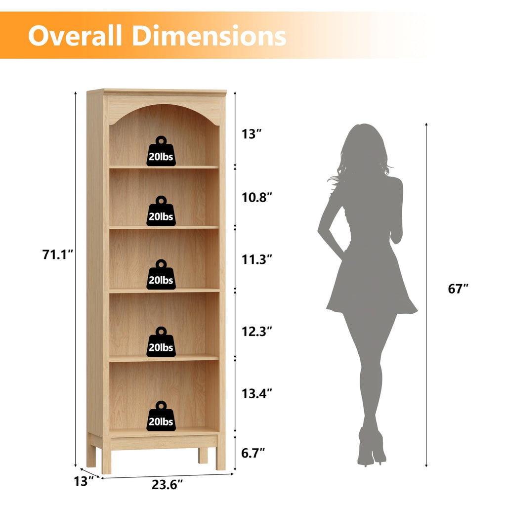 Arched Bookshelf, 5 Tier Tall Bookcase with Adjustable Shelves for Storage