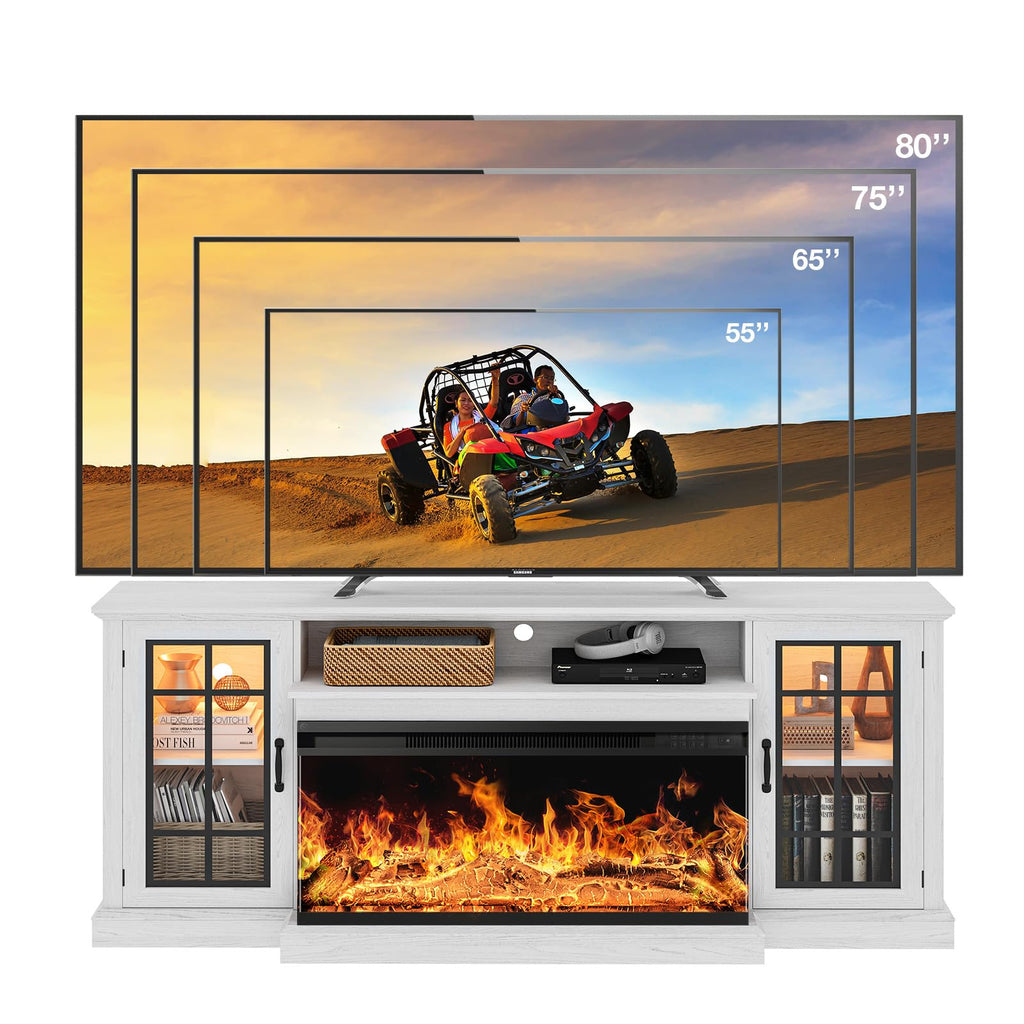 36 Inch 3-Sided Glass Fireplace TV Stand for TVs up to 80", Rustic Media Entertainment Center Console Table with