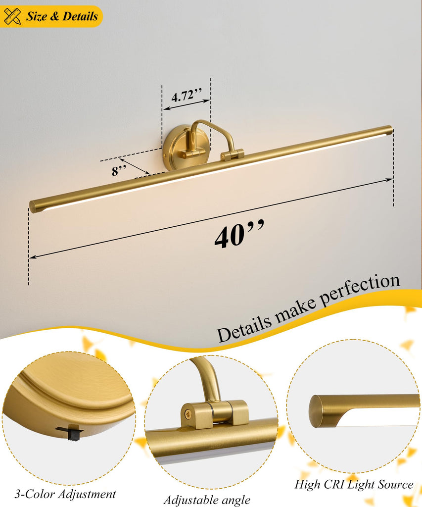 Hardwired Picture Light for Wall,39 Inch Modern Brass Dimmable Frame Light with Adjustable Swing Arm,3CCT LED Art