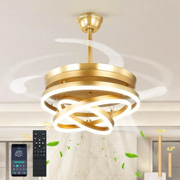 42 Inch Retractable Ceiling Fan with Lights, Gold Fandelier Chandelier Fan with Remote, 6-Speed Silent DC Motor