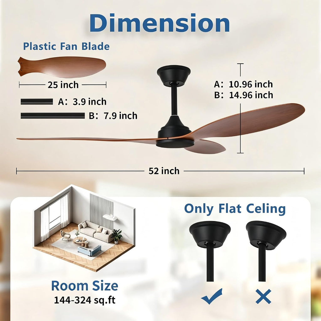 52" Ceiling Fan with Remote: Quiet Reversible Walnut Fan No Light