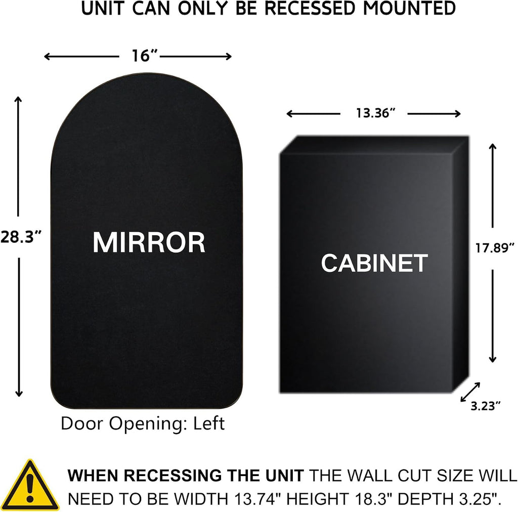 Matt Black Arched Recessed Bathroom Medicine Cabinet with Mirror Stainless Steel Metal Framed Rectangular Bathroom