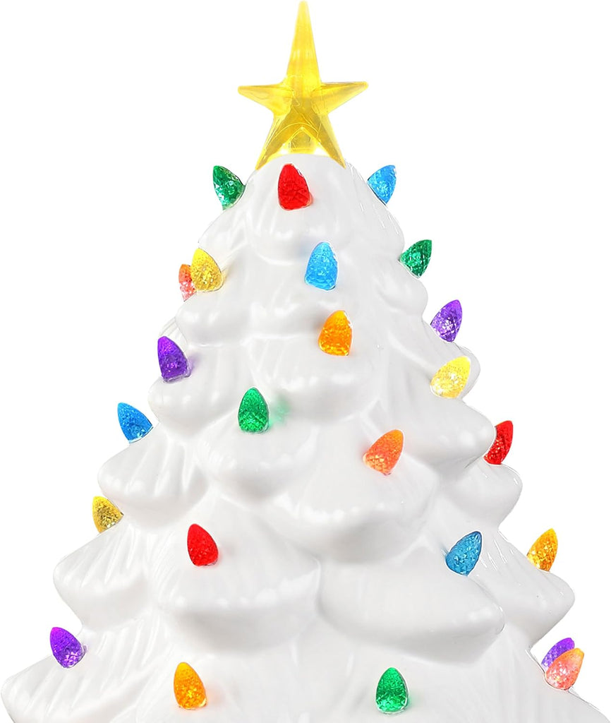 Nostalgic Ceramic Christmas Tree with LED Lights Indoor Decoration, 14 Inches, White