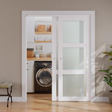 Sliding Closet Door, 72"×80"(Double Barn Doors 37"), Double Frosted 3 Panel Glass Sliding Door with 