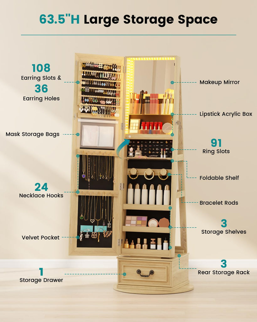Mirror Jewelry Cabinet with Lights, Full Length Mirror and Storage