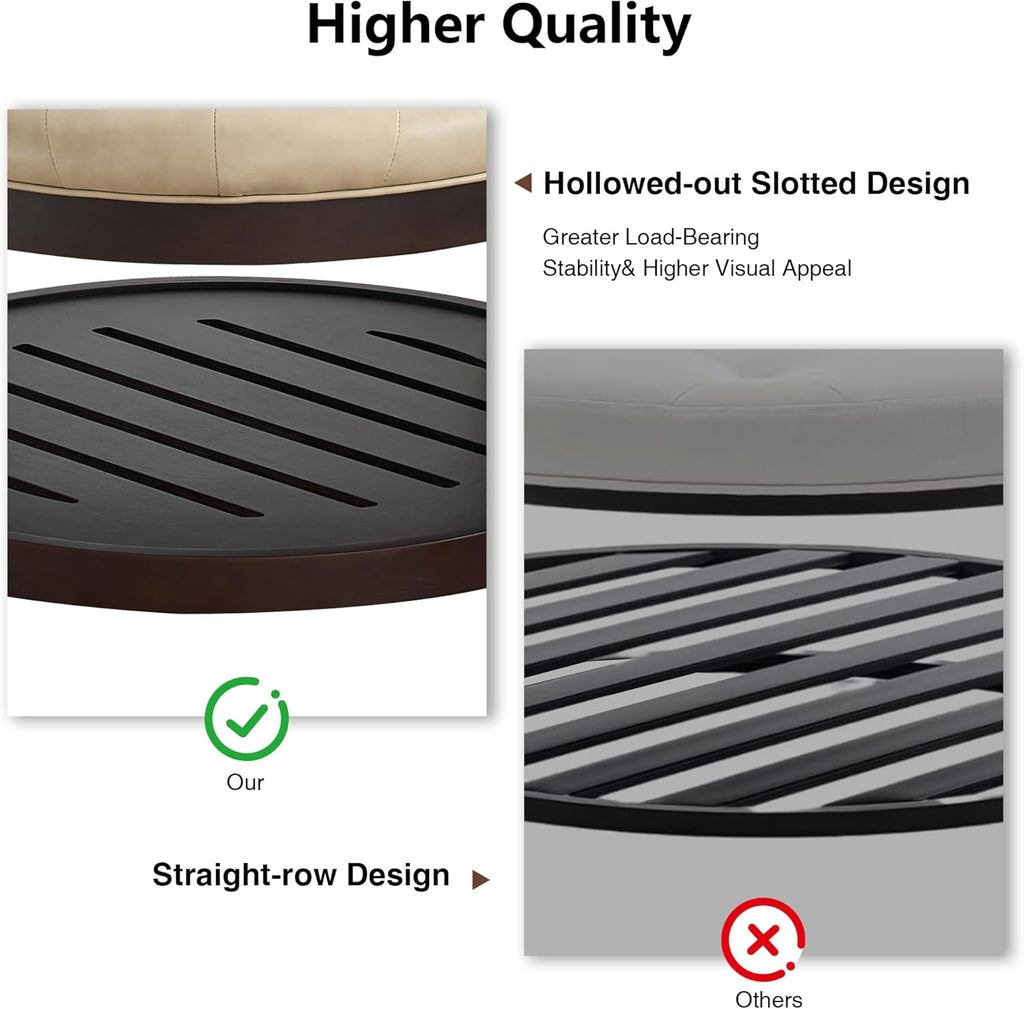 Round Coffee Tables ,33'' Storage Ottoman with Wooden Tray, Upholstered Ottoman Footrest, Ivory