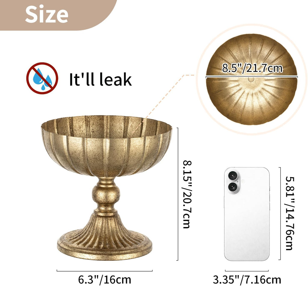 Gold Compote Vase for Centerpiece: 7.95" Tall Pedestal Footed Bowl for Flowers - Distressed Brass Urn for Wedding