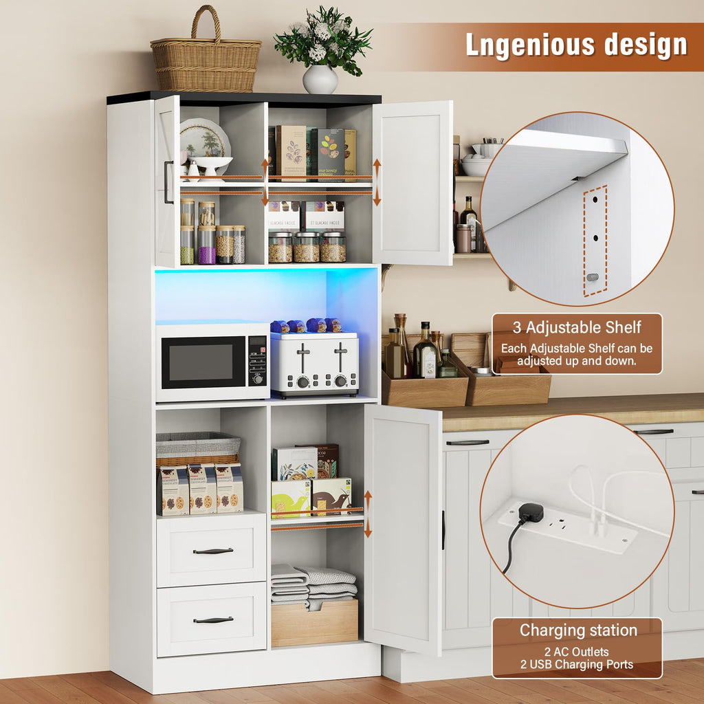 Farmhouse Kitchen Pantry Cabinet with LED Lights and Power Strip, Tall Kitchen Storage Cabinet, Kitchen Hutch with
