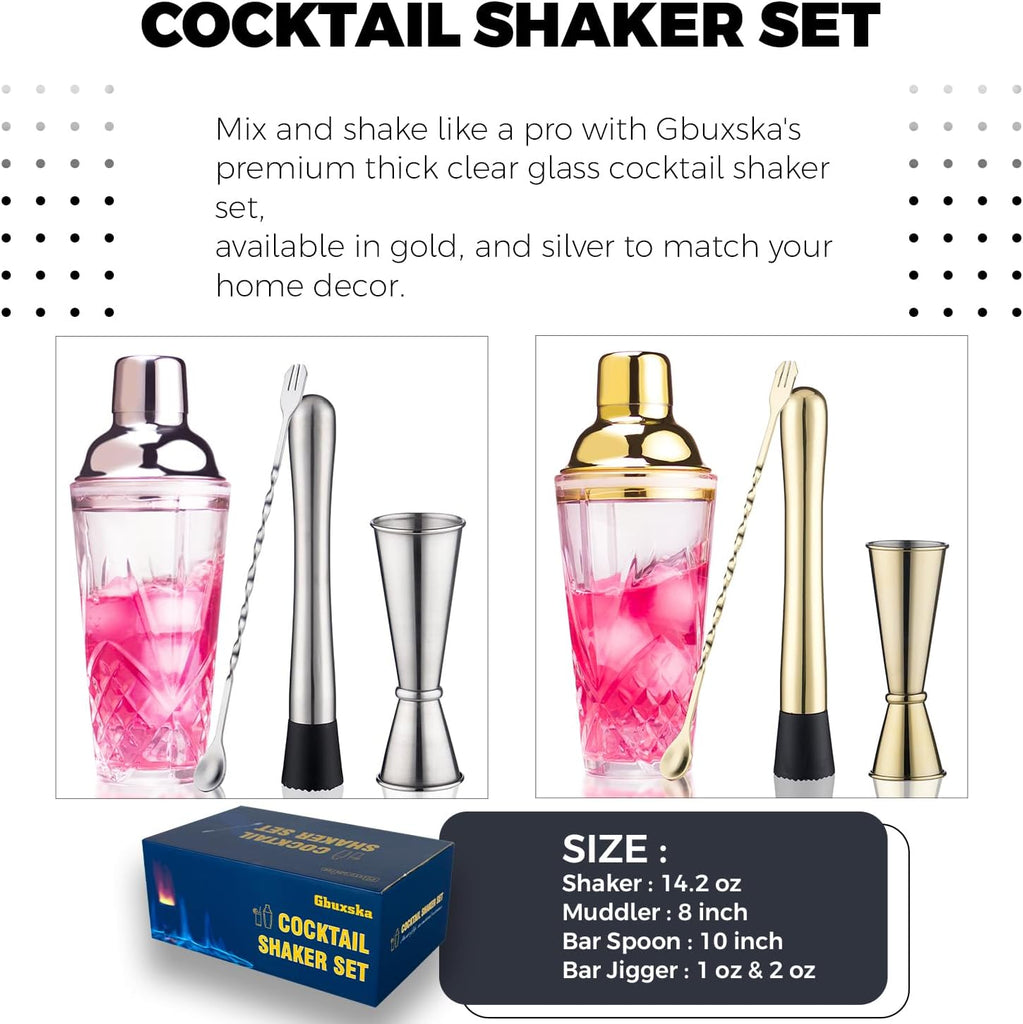 Cocktail Shaker Set - Glass Mixed Drink Shakers Cocktail Set, Martini Shaker with Strainer for Bars, Whiskey - Set of 4