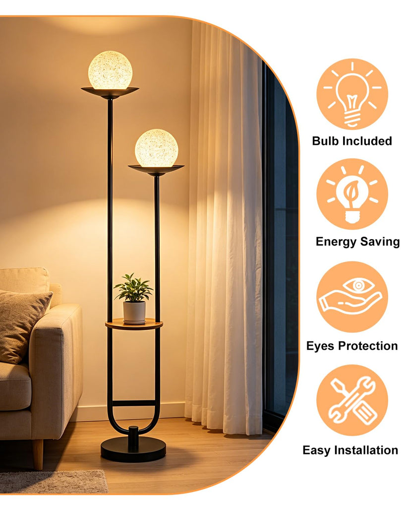2-Globe Floor Lamp with Tray Dimmable Black Tall Lamps with Shelf