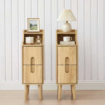 Narrow Nightstand, Wooden 2 Drawer, Natural, Set of 2