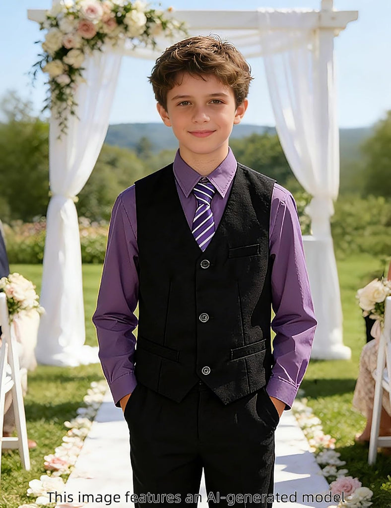 Boys 6 Piece Suit Shirt Vest Pant Pre-Tie Bowtie Pocket Square