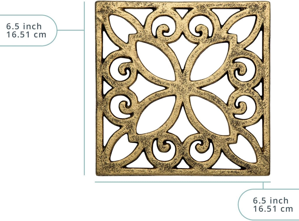 Gold with Black Cast Iron Trivet - Square 6.5"×6.5" - Rubber Feet - Set of 4