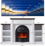 78 Inch Birdcage-Style Electric Fireplace TV Stand with Mantel, Farmhouse Entertainment Center for TVs up to 90 Inches, Storage Cabinets and Replaceable Insert Heater, White and Walnut