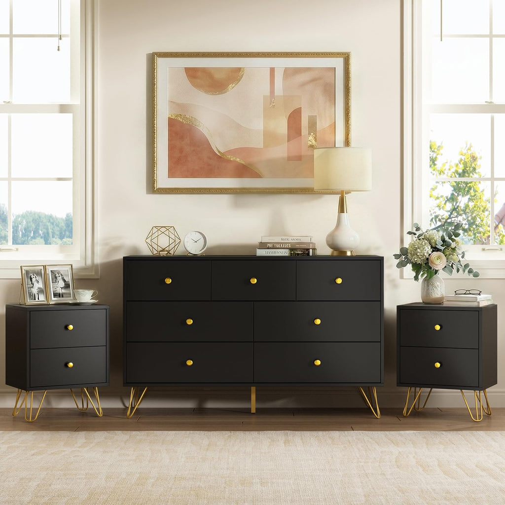 Black Dresser, Modern 7 Drawer Dresser with Gold Handles and Metal Legs, Black and Gold Dressers & Chest of Drawers