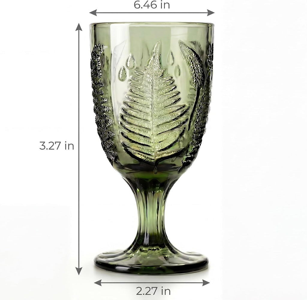 Green Glass Goblets Set of 4, 10 oz Hand-Pressed Vintage Glassware, Textured Fern Embossed Drinking Glasses, Boho